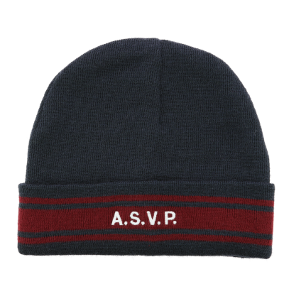 BONNET LAINE ACRYLIQUE AVEC BRODERIE ASVP BANDE BORDEAUX