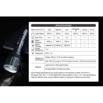 Lampe Tactique T20L Longue Portée, 2 Km - 900 Lumens Nextorch