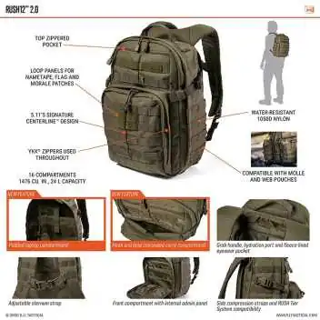 Sac à dos Rush 12 2.0 multicam 5.11 Tactical ADAROM spécifications
